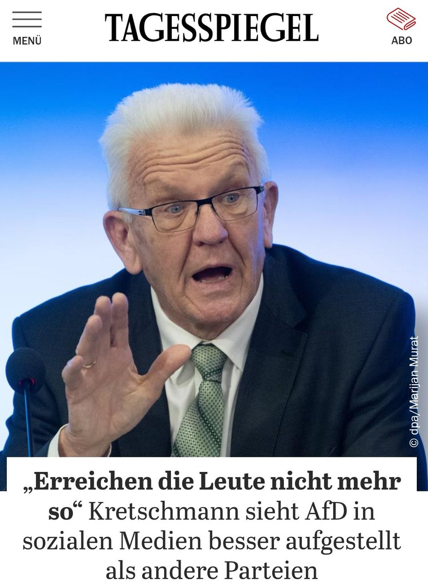 GerkenSascha's tweet photo. Baden-Württembergs Ministerpräsident Winfried Kretschmann (Grüne) beklagt, daß die AfD in den sozialen Medien besser aufgestellt ist als andere Parteien. Da aber die anderen Partein insbesondere seine Grünen im Gegensatz zur AfD im ÖRR überrepräsentiert sind, bleibt der AfD auch nichts anderes übrig als ins Internet auszuweichen. Darüber hinaus fordert "Waschlappen" Winnie, daß man die AfD argumentativ stellen sollte. Aber wie soll das gehen, wenn die AfD-Vertreter so gut wie nie im ÖRR zu sehen sind? Er könnte ja mal den Vorschlag machen, die AfD öfters mal in Talkshows einzuladen, schließlich sitzt er doch im ZDF-Verwaltungsrat.