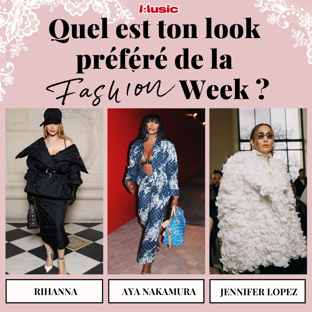 M6MusicOfficiel's tweet photo. Pour la Fashion Week tu préfères le look de @rihanna @AyaNakamuraa ou @jlo ? ❤️ #fashionweek #look #tupreferes #m6music https://t.co/oivYBtpkSo