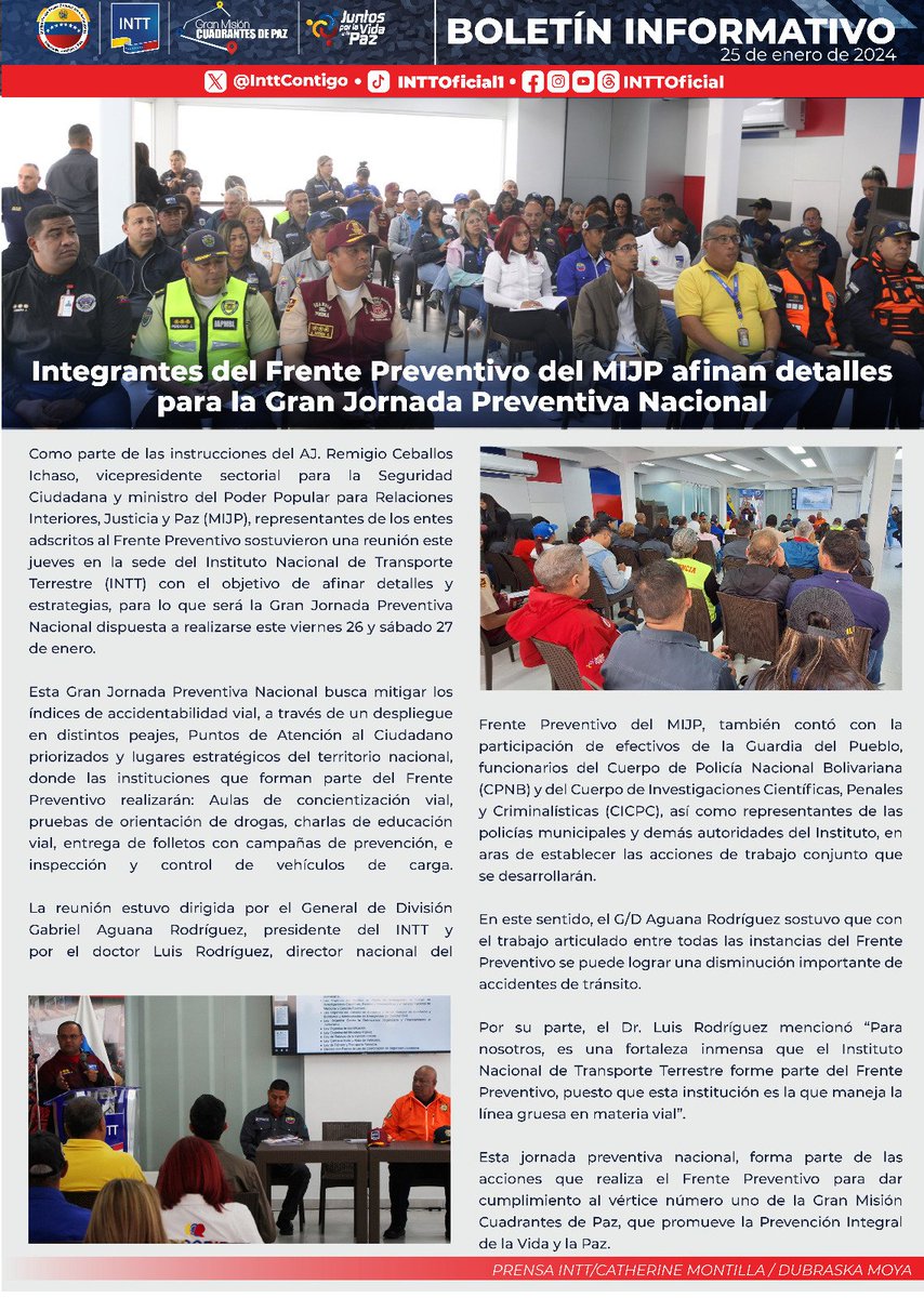 #26Ene 🇻🇪  #BoletínInformativo |  Nos desplegaremos como parte del Frente Preventivo del <a href="/MIJPVzla/">MPPRIJP</a> en vías públicas del país para Crear Conciencia Vial por la Vida y la Paz

<a href="/InttContigo/">INTT 🇻🇪</a> 
<a href="/MijpVzla/">MPPRIJP</a> 
@g_aguana 
<a href="/CeballosIchaso1/">@FuerzaDinamica Remigio Ceballos Ichaso</a>
