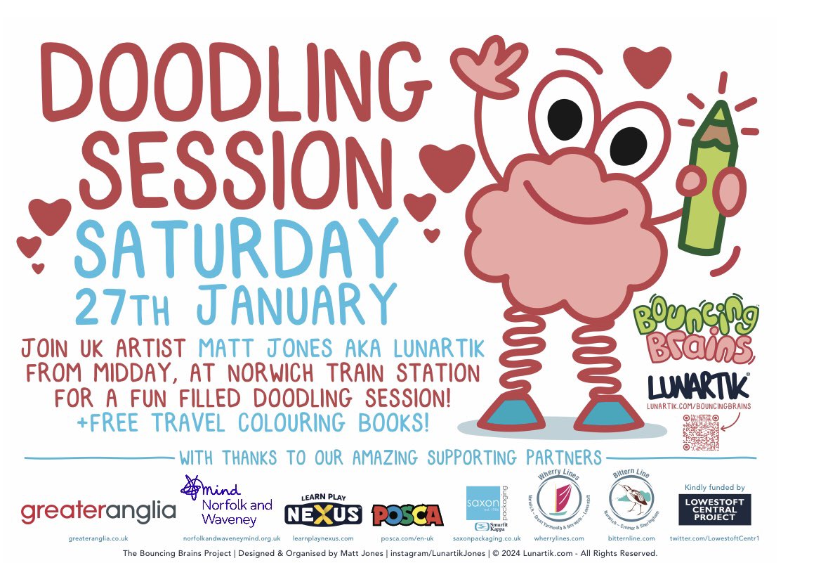 LowestoftCentr1's tweet photo. This Saturday from midday there’s a free Doodling Session with artist Matt Jones taking place at @greateranglia #Norwich Railway Station. Free @WherryLines &amp; @BitternLine #BouncingBrains Colouring books also available &amp; Matt will be auctioning artwork in aid of @NorfolkMind https://t.co/70RbahDYEy