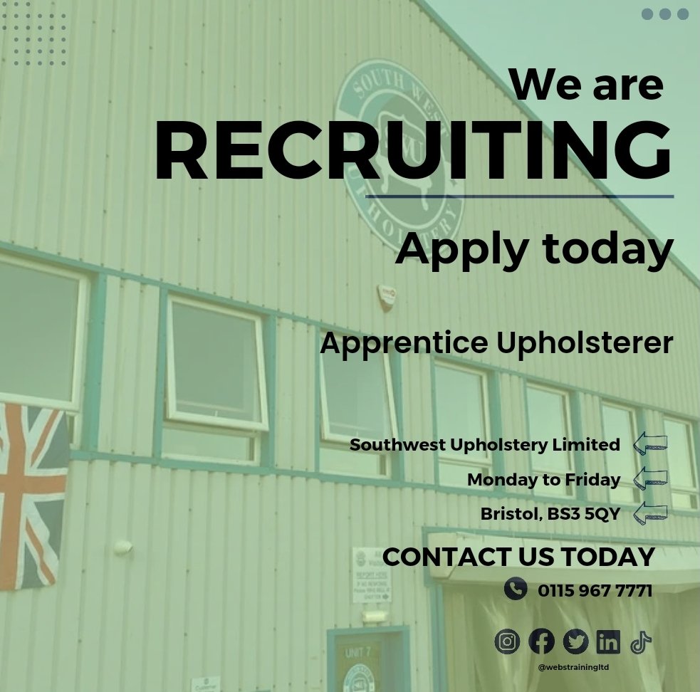 @swupholstery is now hiring for an apprentice upholsterer! Take this wonderful opportunity to kickstart your career in upholstery today. Interested? Click the link below to find out more and apply now🤩

webstraining.com/140-apprentice…
#upholstery #apprenticeship #upholsterer #apprentice