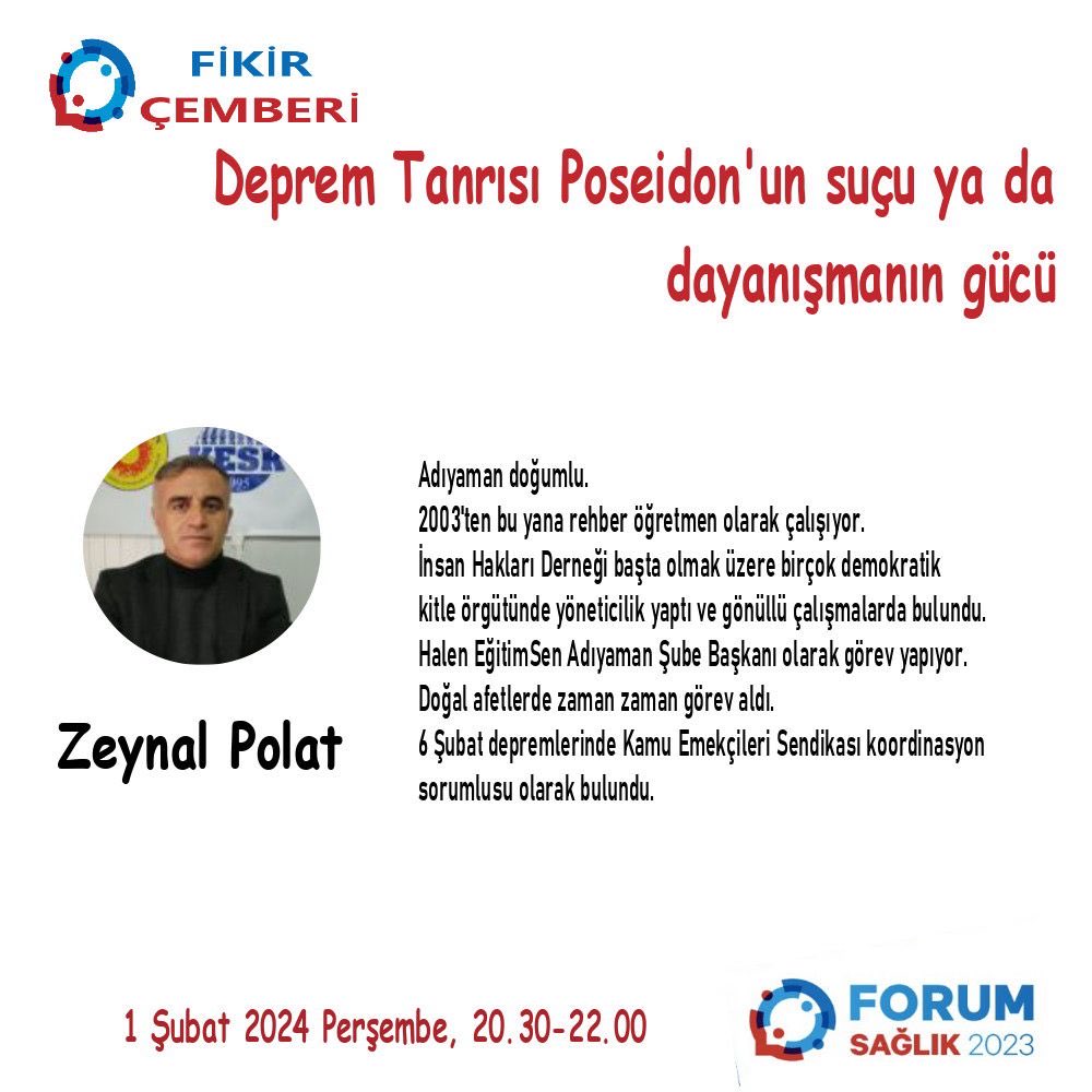forumsaglik2023's tweet photo. 🗨️  
          DEPREM TANRISI
            POSEDİON’UN
                    SUÇU

                     ya da

       DAYANIŞMANIN GÜCÜ

🗓️ 1Şubat 2024 Perşembe 
⏰ 20.30-22.00

Youtube ForumSaglik2023’ten canlı yayın https://t.co/T3ftZv7SlK
