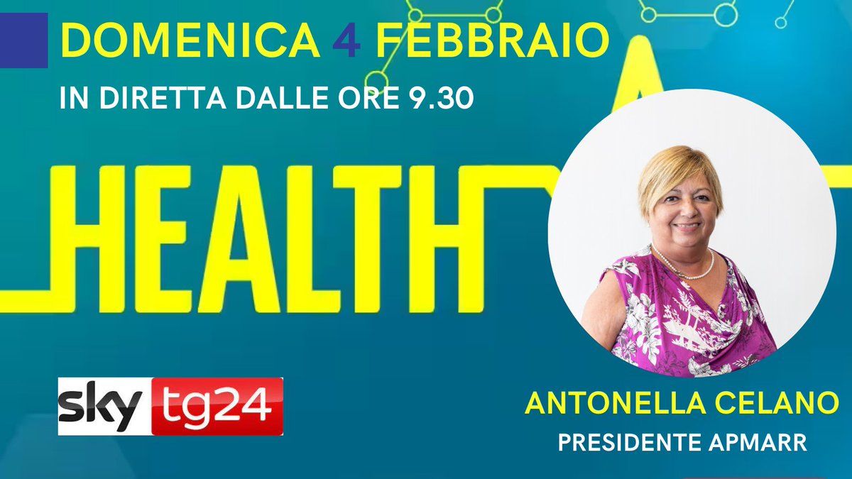 📢Domenica 4 febbraio alle ore 9.30 la Presidente APMARR @antoniacel  sarà tra gli ospiti della trasmissione “Health” di <a href="/SkyTG24/">Sky tg24</a> 

📺 La puntata sarà dedicata all’ #artritepsoriasica, e la diretta potrà essere seguita al canale 50 del digitale terrestre.

Non perdetela! 😉