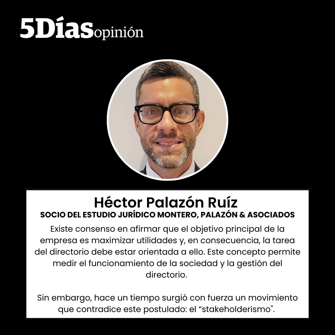 5DiasPy's tweet photo. El “stakeholderismo”, el cual promueve que las empresas, otorgando un mayor o menor nivel de participación, también consideren las implicancias de sus decisiones en los stakeholders (grupos de interés) que rodean la órbita del giro de los negocios de la compañía. Los matices son importantes, pues los niveles de cohesión o protección van desde la simple colaboración, hasta la participación o injerencia concreta en el directorio, o la prevalencia en caso de conflictos. 
Lea más: https://t.co/jJMXflmS8w