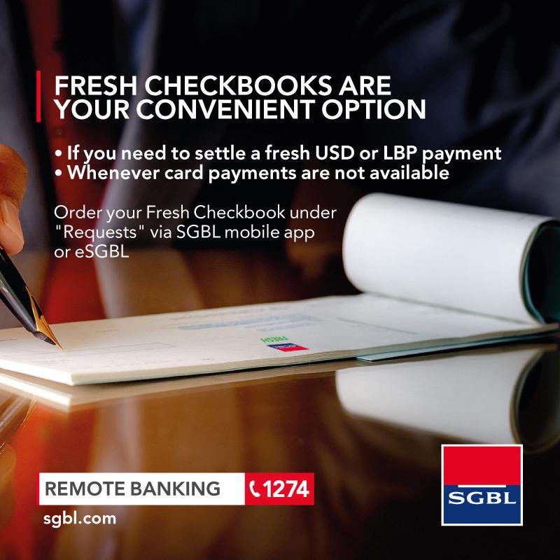 SGBLbank's tweet photo. No card payments available? No problem!
 
Fresh USD &amp; LBP checks are always at hand, safer than carrying cash.
Order your Fresh checkbook* now under “Requests” via SGBL mobile app &amp; eSGBL.
*In compliance with BDL circular 165.
 
#SGBL #Checkbook #SGBLMobileApp https://t.co/3IMz2ujFYJ