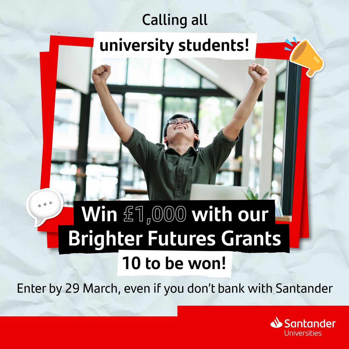 The wait is over… The Brighter Futures Grants programme is back! You can win 1 of 10 lots of £1000 to elevate your academic journey. Spend the money on rent, bills, study resources or anything else you need. #SanUniBFG24

app.santanderopenacademy.com/en/program/san…