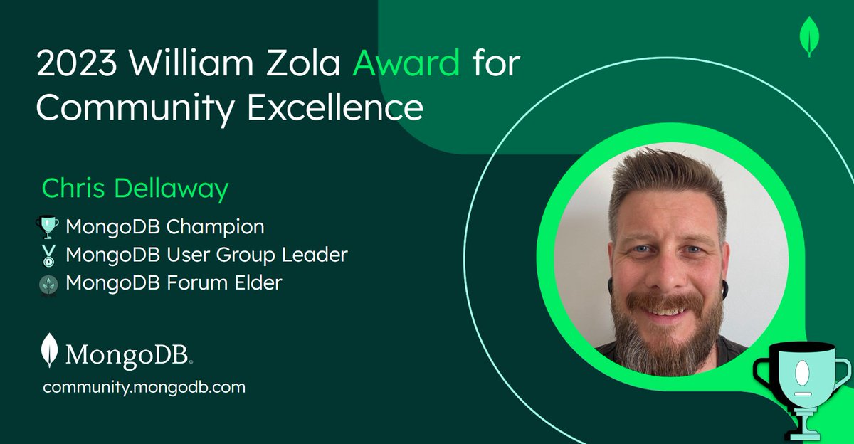 I am thrilled to share that Chris Dellaway is the recipient of <a href="/MongoDB/">MongoDB</a> 's prestigious William Zola Award for Community Excellence 2023 🏆

To learn more about Chris's exceptional community leadership, dive into our latest blog post:

🔗mongodb.com/blog/post/mong…

#MongoDB