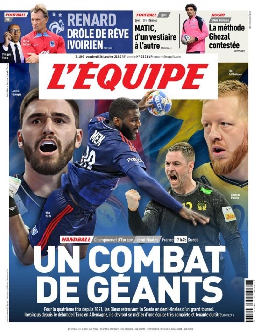 Antes de que arranque la primera semifinal del <a href="/EHFEURO/">EHF EURO</a>, dejo aquí la portada de hoy de <a href="/lequipe/">L'Équipe</a>.

Una vez más, chapeau 🎩.