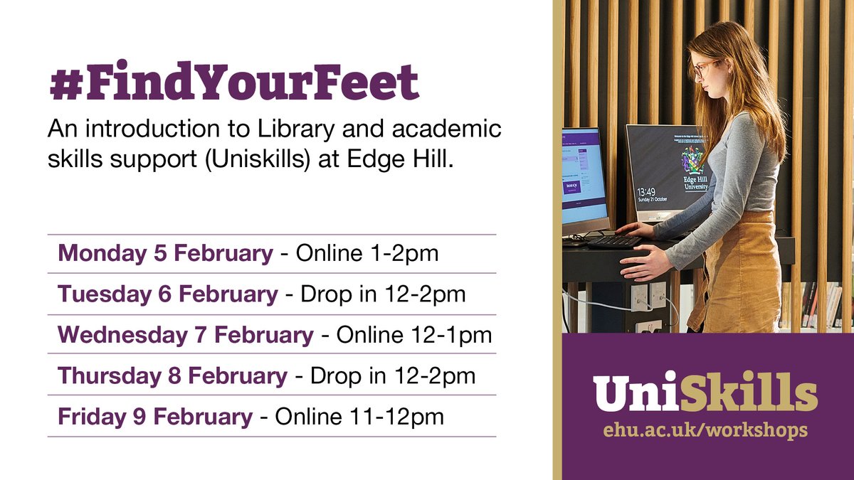 Students can explore library and academic skills support at Edge Hill with our #FindYourFeet drop in and workshops. Find out more and book a place: ehu.ac.uk/workshops
