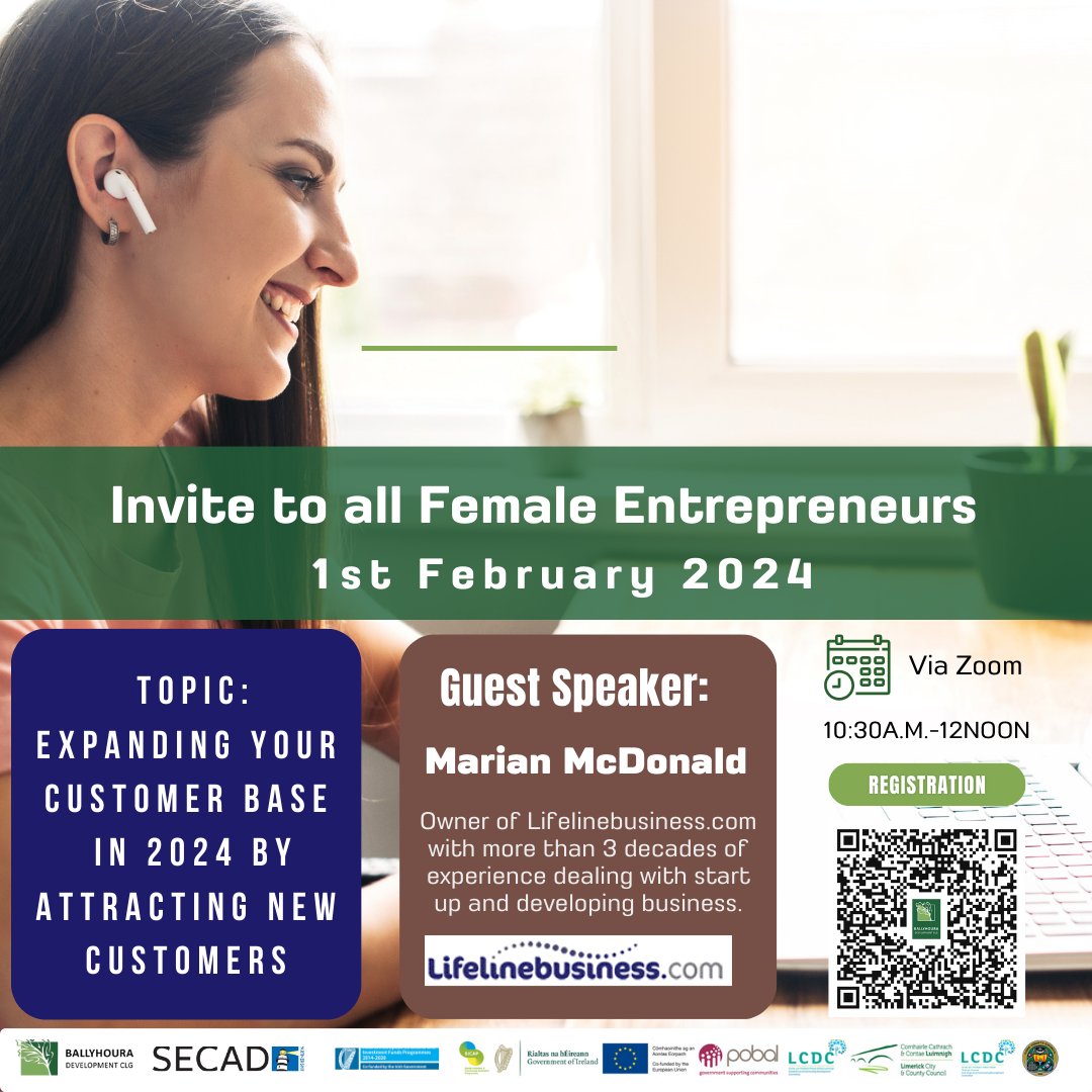 We would like to welcome all Female Entrepreneurs to join us online for a Networking Session with Guest Speaker Marian McDonald of Lifelinebusiness.com on the topic: Expanding your customer base in 2024 by attracting new customers. #WomenInBusiness @SECADCork