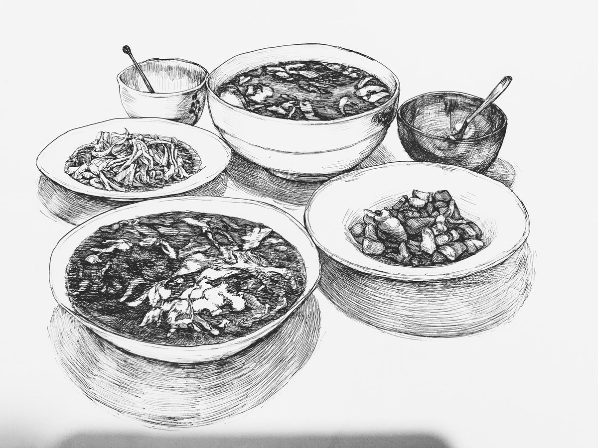 三菜一汤，一汁三菜🥣🍲🥬🥘🥩🍗🥢

#中国料理 #三菜一汤 #插画 #イラスト  #illustration #一汁三菜 #料理 #手描き #ペン画 #静物 #静物画 #onesoupthreedishes #cooking #handdrawn #pendrawing #stilllife #stilllifepainting