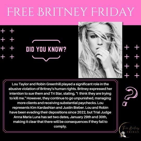Let’s not allow Lou Taylor &amp; Robin Greenhill to fall thru the cracks AGAIN. Continue to remind everyone of their  corruption. ⏰1/29-1/30 - it’s time for them to be held accountable 🤞🏼
#JusticeForBritney 
<a href="/GT_Law/">Greenberg Traurig LLP</a> <a href="/TheJusticeDept/">U.S. Department of Justice</a> <a href="/nytimes/">The New York Times</a> <a href="/DailyMail/">Daily Mail</a> <a href="/billboard/">billboard</a> <a href="/people/">People</a> <a href="/PageSix/">Page Six</a>