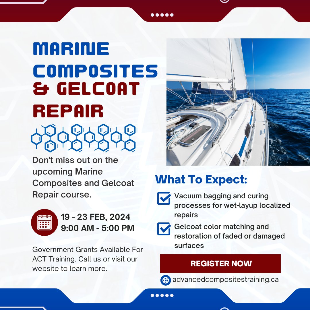 ACTComposites's tweet photo. Join us this February for our hands-on Marine Composites &amp; Gelcoat Repair Course at our state-of-the-art ACT facility in London, Ontario. Limited spots available!

Don't forget to ask us about the Canada-Wide Job Grant to make this opportunity even more accessible. https://t.co/XIg4Po96NO