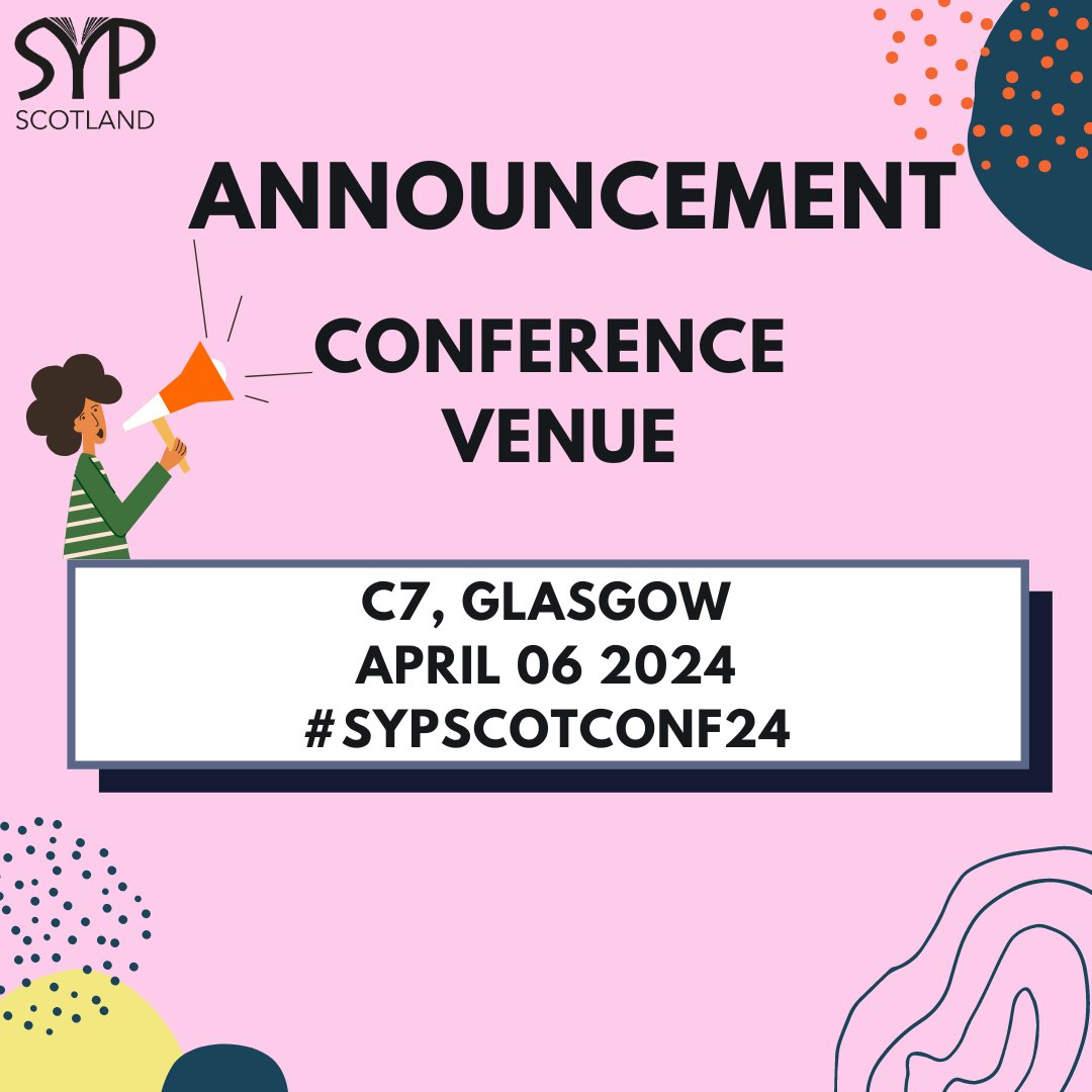 SYPScotland's tweet photo. We have a venue! Join us for the latest edition of the annual SYP Scotland Conference on the 6th of April, at the C7, Glasgow. We look forward to seeing you there! 📚#SYPScotConf24 https://t.co/F1FhlJQ64B