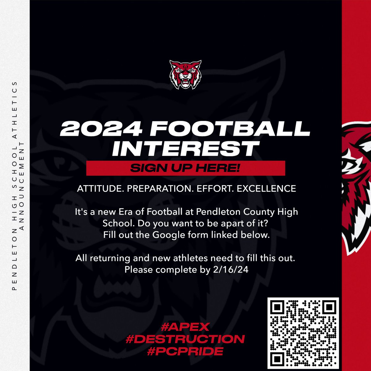 It's a new Era of Pendleton County Football. Are you interested in being apart of the team?

Fill out the form! forms.gle/vzrHqJYU3vPcww… 

All interested, new and returning need to complete by 2/16/24