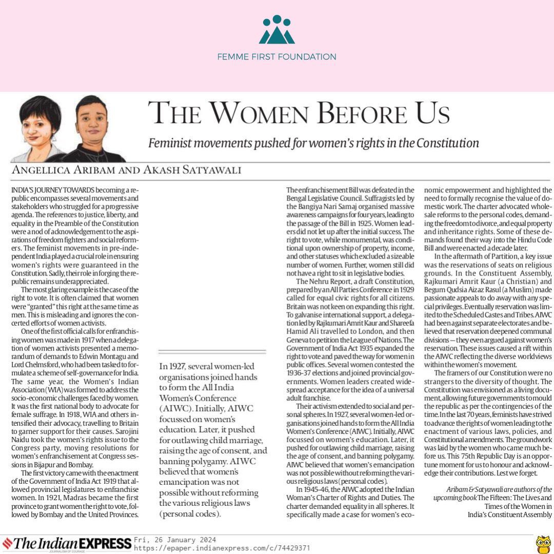 FemmeFirstF's tweet photo. This #republicday, we pay homage to the feminist movements in pre-independent India that played a crucial role in ensuring women’s rights were guaranteed in the #Constitution. Sadly, their role in forging the republic remains underappreciated. Our founder @AngellicAribam writes: https://t.co/5eoqXElFON