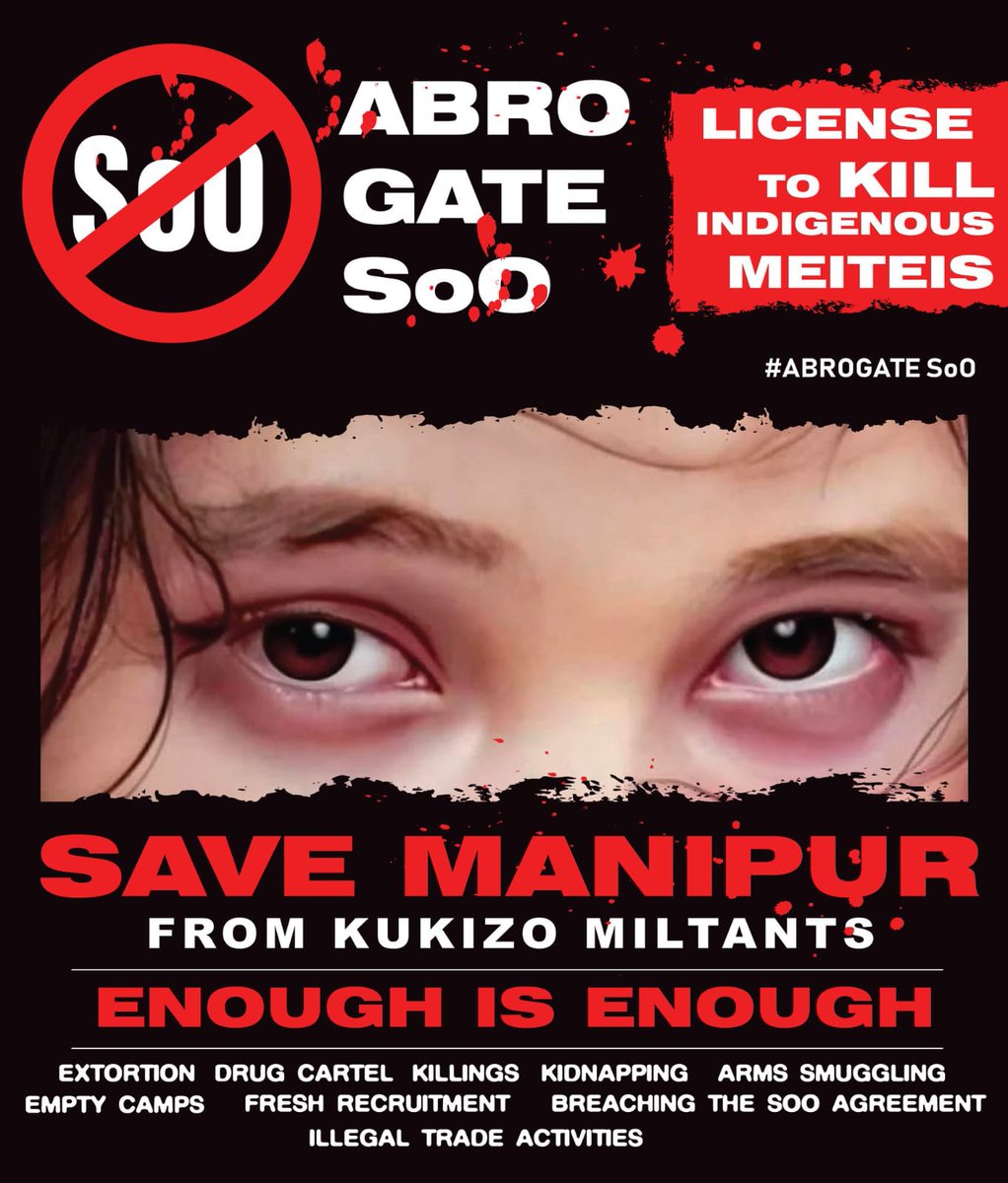 Enough is enough. Over the past 8 months, we've endured relentless turmoil caused by #KukiMilitants &amp; suffered enuf.

We speak with one voice, LOUD &amp; CLEAR - immediate action to #AbrogateSoO in Manipur is crucial before Manipur is completely destroyed.

#KukiMilitantsViolatedSoO