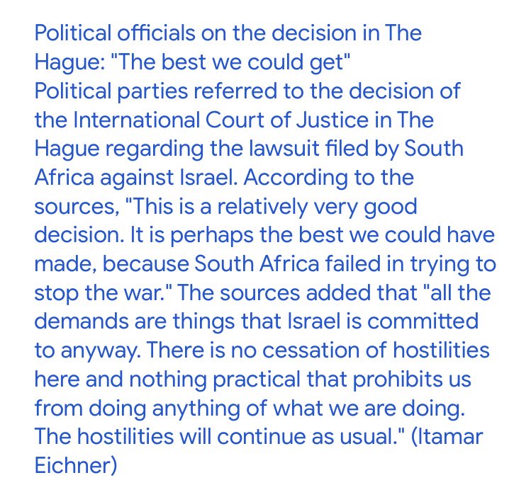 Louis_Allday's tweet photo. Ynet quotes anonymous Israel official calling the ICJ ruling “the best we could get… because South Africa failed in trying to stop the war… nothing practical prohibits us from anything we are doing. The hostilities will continue as usual”. https://t.co/WWPYIvdHeW