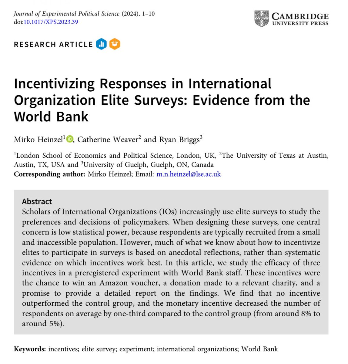 Ryan Briggs (@ryancbriggs) on Twitter photo My article with <a href="/MirkoNoaHeinzel/">Mirko Heinzel</a> and Kate Weaver is out at JEPS. We survey World Bank staff and randomize survey incentives and messaging to see how this affects response rate. This is useful because higher response rate = higher power and/or bothering fewer people. My article with <a href="/MirkoNoaHeinzel/">Mirko Heinzel</a> and Kate Weaver is out at JEPS. We survey World Bank staff and randomize survey incentives and messaging to see how this affects response rate. This is useful because higher response rate = higher power and/or bothering fewer people.