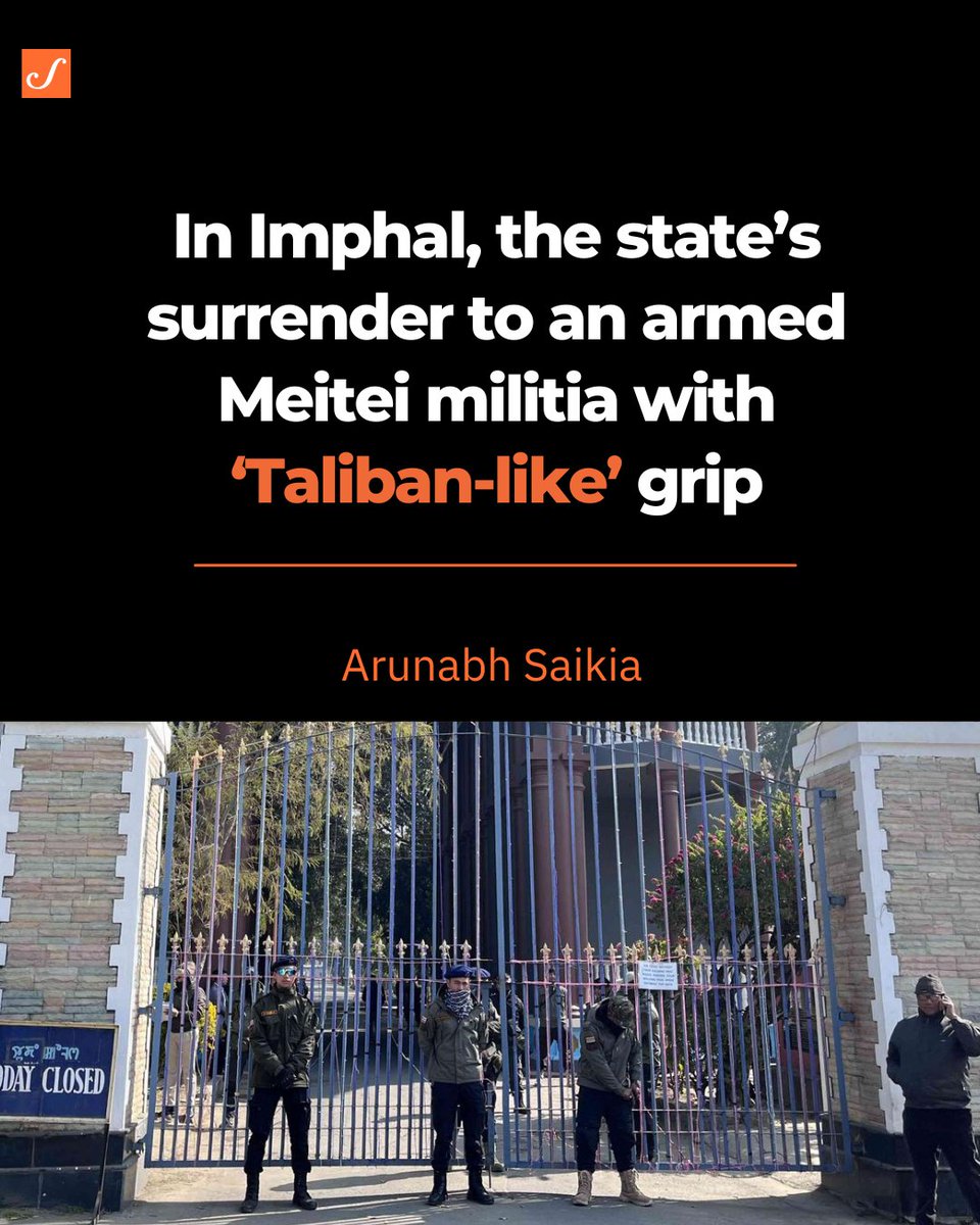 Several people in Imphal described the Arambai Tenggol’s near-takeover of public life in the Meitei-dominated valley, thanks to these looted arms, as “Taliban-like”. scroll.in/article/106272… @psychia90 sheds light on the current unfolding of #ManipurUnrest