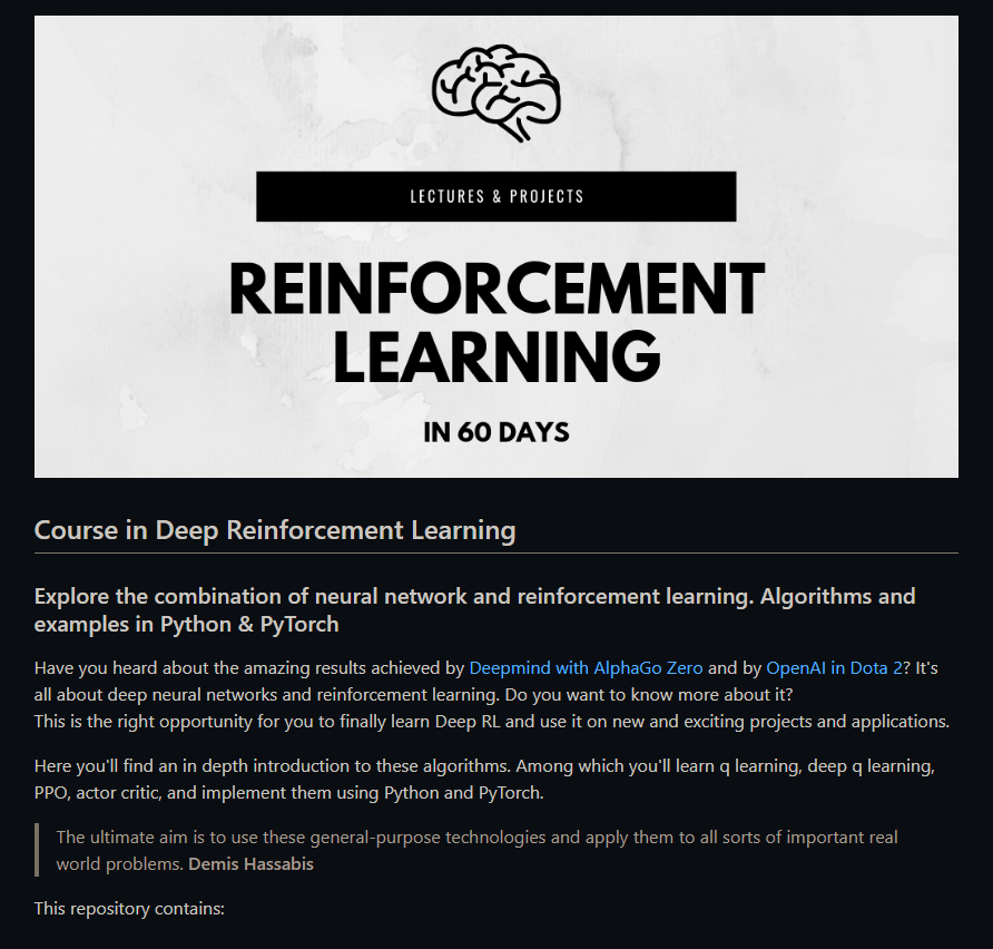 DanKornas's tweet photo. 🤖 60 Days Of Deep Reinforcement Learning

In this repo, You'll find everything well arranged from articles, tutorials, YouTube videos, papers implementations, projects and codes. https://t.co/FRUOvat4wx