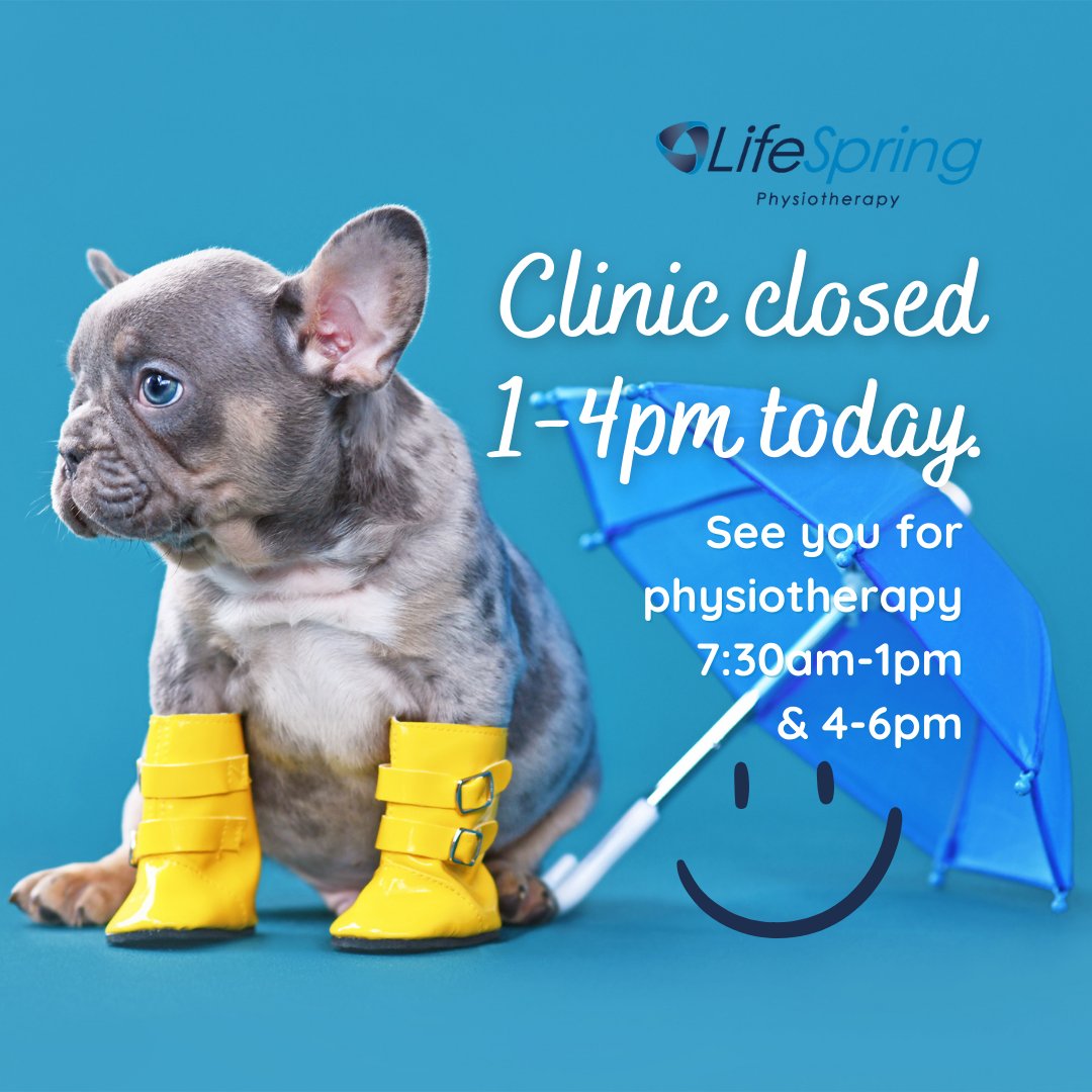 Our clinic hours today for physiotherapy are:
OPEN 7:30am - 1pm
CLOSED 1-4pm
OPEN 4-6pm
PS. We may or may not be splashing in the puddles during our lunch break today. :)
#physiocanhelp #rainydays #staypositive