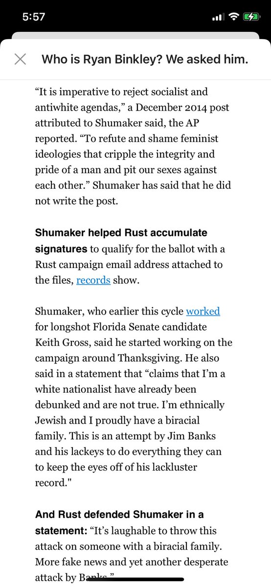 dlippman's tweet photo. SCOOP: A GOP Senate candidate in Indiana, John Rust, is defending an aide with reported previous ties to white nationalism, Caleb C. Shumaker, who he enlisted to help him gather signatures in an effort to qualify for the ballot, @adamwren and I report. https://t.co/H5dD9dHbRm https://t.co/MTFJfELpu9