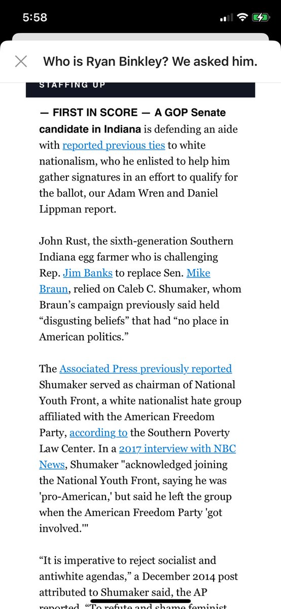 dlippman's tweet photo. SCOOP: A GOP Senate candidate in Indiana, John Rust, is defending an aide with reported previous ties to white nationalism, Caleb C. Shumaker, who he enlisted to help him gather signatures in an effort to qualify for the ballot, @adamwren and I report. https://t.co/H5dD9dHbRm https://t.co/MTFJfELpu9