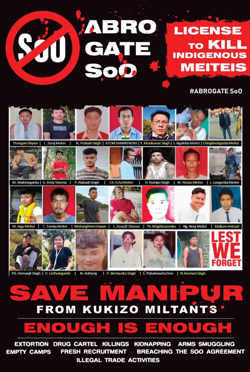 #KukiMilitantsViolatedSoO #AbrogateSoO

In the past nine months of the Manipur violence Abrogate SoO is the first step to restore normalcy and foster stability in the region.

the threat of Kuki Militants to India’s National Security.