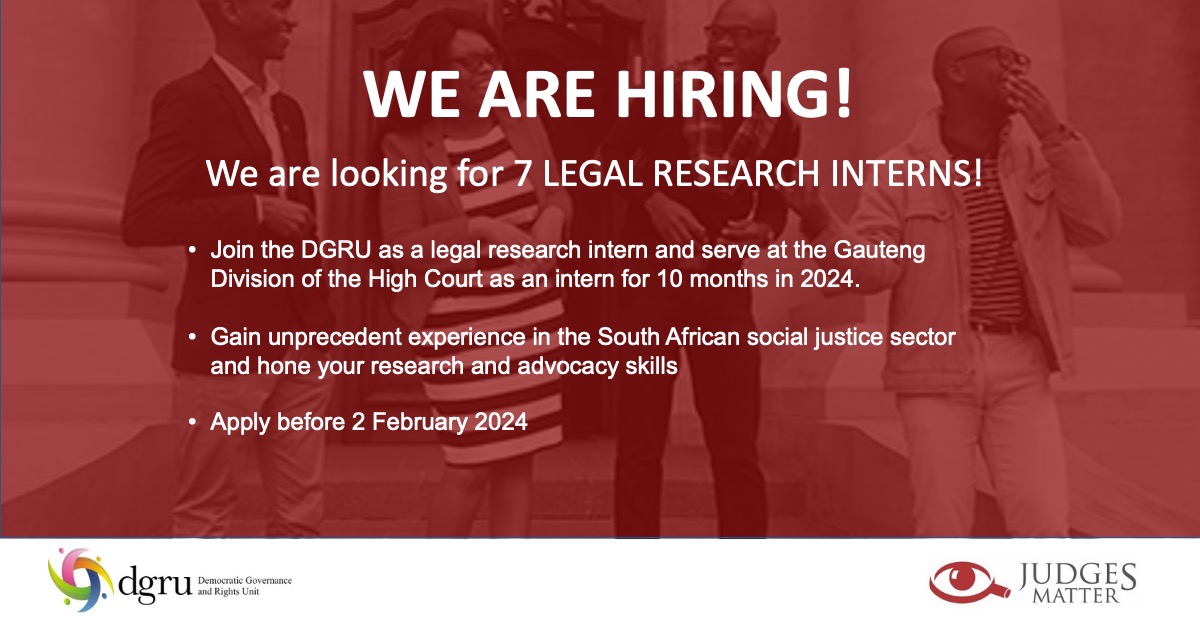 Correction to previous post: 
We are looking for 7 LEGAL RESEARCH INTERNS! 
The <a href="/DGRU_/">Democratic Governance and Rights Unit</a>  invites applications to join our team as legal research interns, to serve at the Gauteng Division of the High Court for 10 months in 2024. 
For more information: bit.ly/3vREx51
