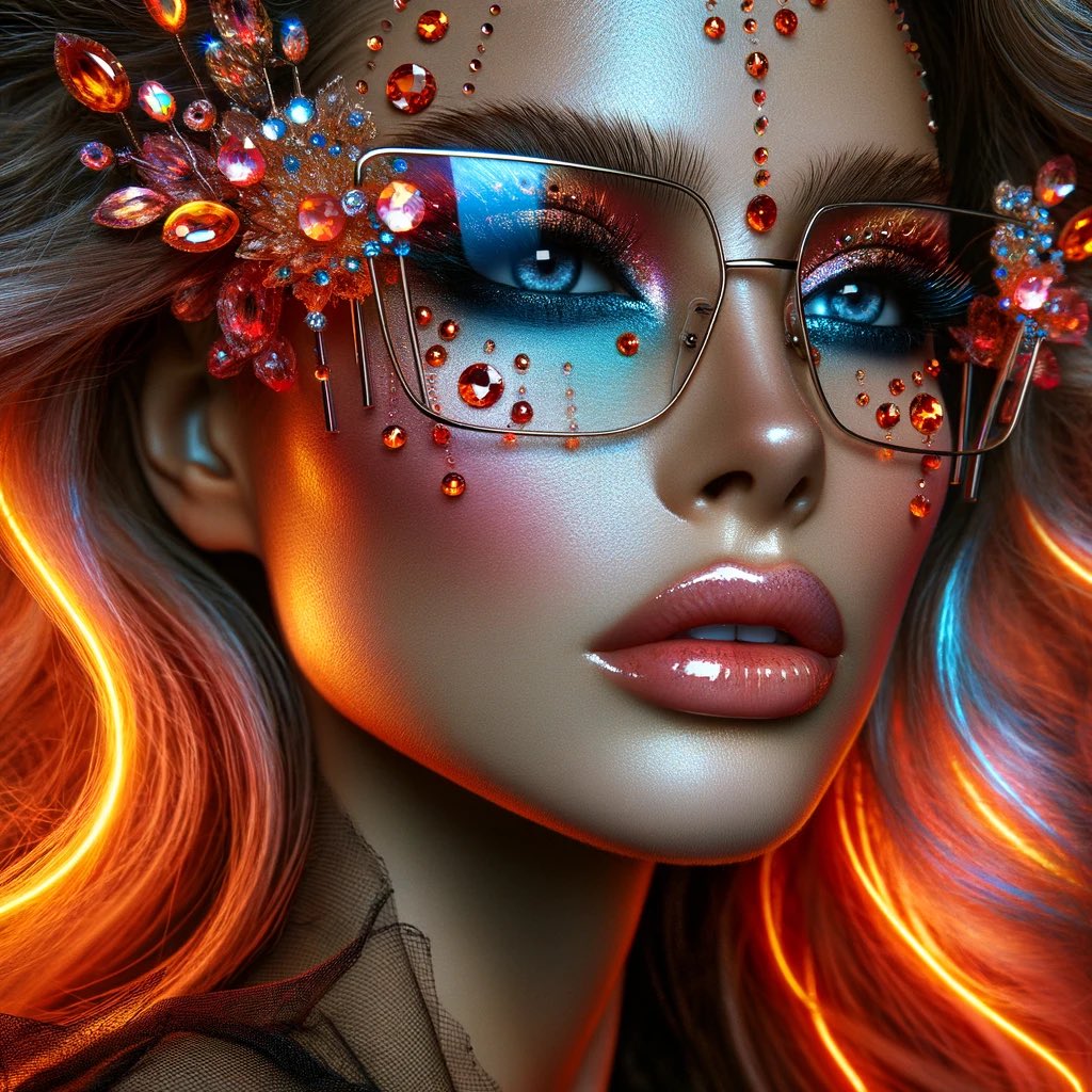 513148's tweet photo. @TheBigBangAI #ModelGlamour #JeweledElegance #NeonGlow #FutureFashion #AvantGardeMakeup #HighFashionHairstyle #UniqueEyewear #LuxuryPortrait #GlamTech #StylishVision #AK47AIart https://t.co/lq0mXC6as1