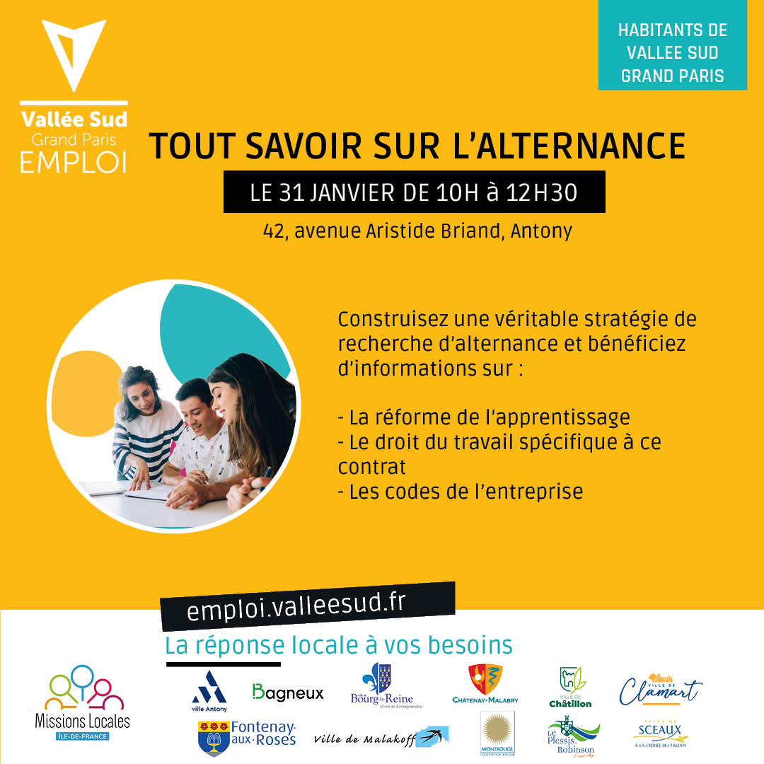 [Atelier] A la recherche d’une alternance ? On vous explique tout !
Cet atelier vous donnera toutes les informations nécessaires pour préparer votre rentrée 2024 sereinement.
Pré-inscriptions jusqu’au 28 janvier : urlz.fr/pqYn

<a href="/Armlidf/">Association Régionale des Missions Locales IdF</a> <a href="/VilleAntony/">Ville d'Antony</a> <a href="/vallee_sud/">Vallée Sud - Grand Paris</a>