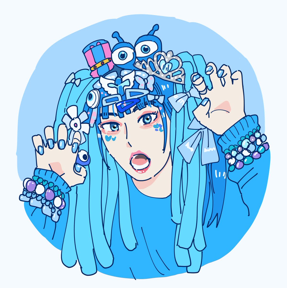 1girl blue hair solo blue eyes blue nails claw pose bangs  illustration images