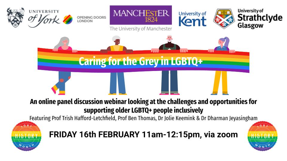 Sign up for our LGBT+ History Month Webinar 'Caring for the Grey in LGBTQ+' featuring a fantastic panel talking about ways to support older LGBTQ+ people inclusively.
eventbrite.co.uk/e/caring-for-t…
<a href="/ArchwayDiva/">Trish Hafford-Letchfield (she/hers)</a> <a href="/JolieRosanne/">Dr Jolie Keemink (she/her)</a> <a href="/DharmanJ/">Dharman Jeyasingham</a> <a href="/OpeningDoorsUK/">Opening Doors</a> 
Please share - all welcome
