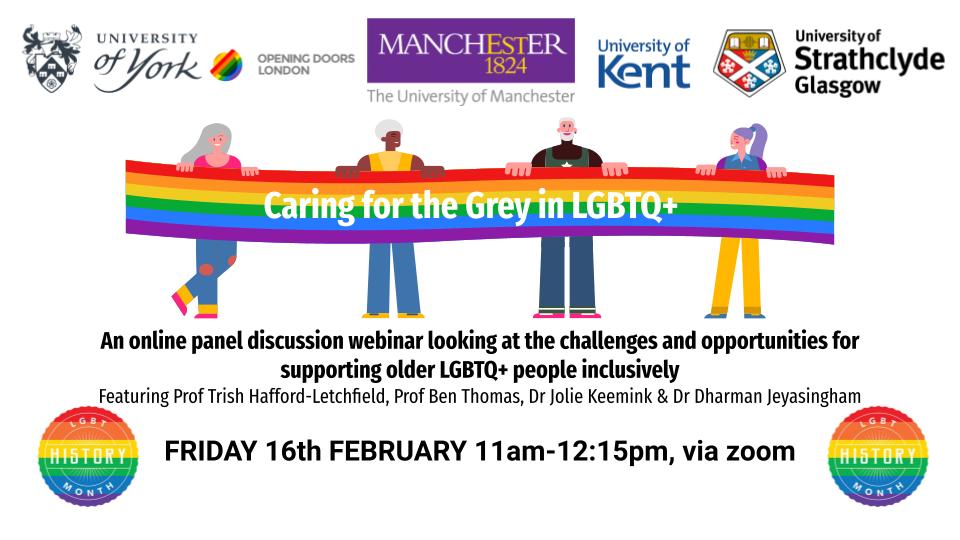 Sign up for our LGBT+ History Month Webinar 'Caring for the Grey in LGBTQ+' featuring a fantastic panel talking about ways to support older LGBTQ+ people inclusively. eventbrite.co.uk/e/caring-for-t… @ArchwayDiva @JolieRosanne @DharmanJ @OpeningDoorsUK Please share - all welcome