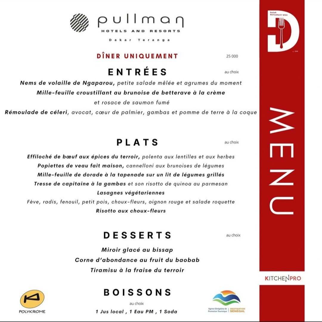 DAKAR RESTAURANT WEEK 
Le Teranga Lounge by Pullman a le plaisir de participer à la 3e édition de la #dakarrestaurantweek  du 02 au 11 Février 2024.

Découvrez notre menu* au choix à 
25 000fcfa comprenant une entrée + un plat + une boisson.

*Dîner uniquement 

☎️ 78 631 82 82