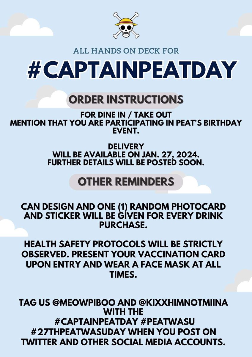 lyknxblcore's tweet photo. Come & join us as we have a post Birthday celebration for Peat!
📅 Jan. 27, 2024 11am-4pm
📍WouldULike, SM Light Mall
🎫Walk-in & Delivery
🖇️Limited cans & freebies
Hashtag Event: #.CaptainPeteDay
See image for more details & we hope to see you there.💖
#Peatwasu #CaptainPete https://t.co/GQxeXmbBOw
