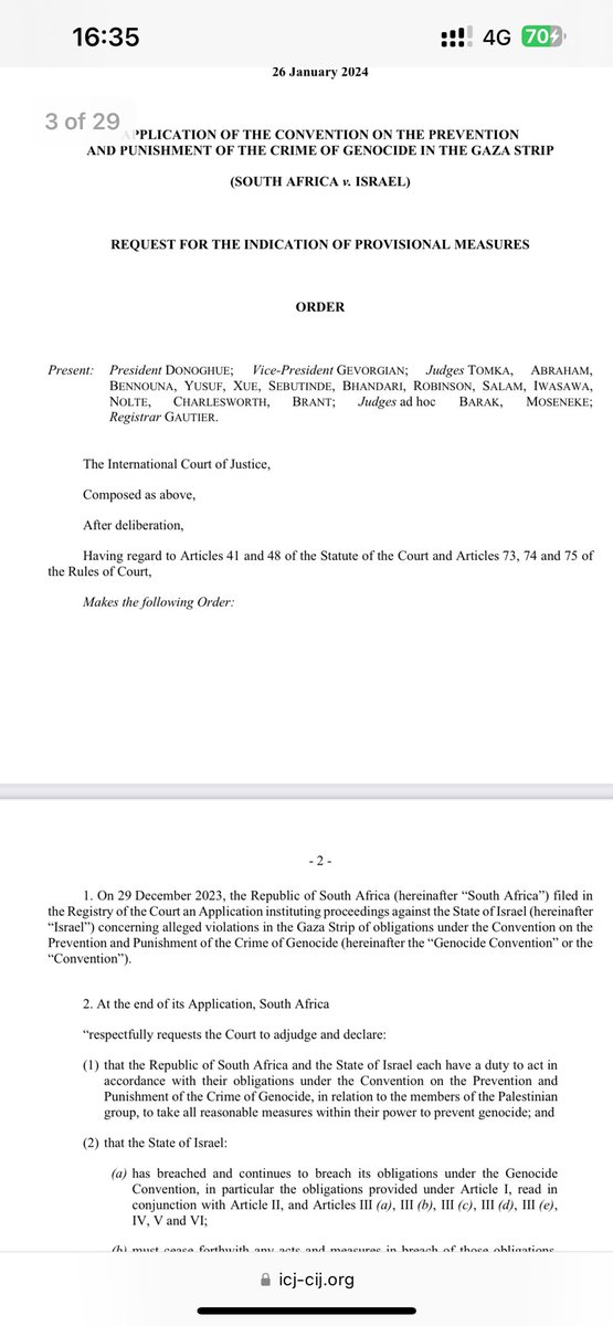 FERDINANDIUS's tweet photo. The case of South Africa against Israel’s conduct of war in Gaza: ICJ rules that it has jurisdiction and further issues provisional measures. Ugandan Justice Julian Sebutinde votes against all provisional measures including “humanitarian assistance” for which Israel’s judge on the panel agreed to.