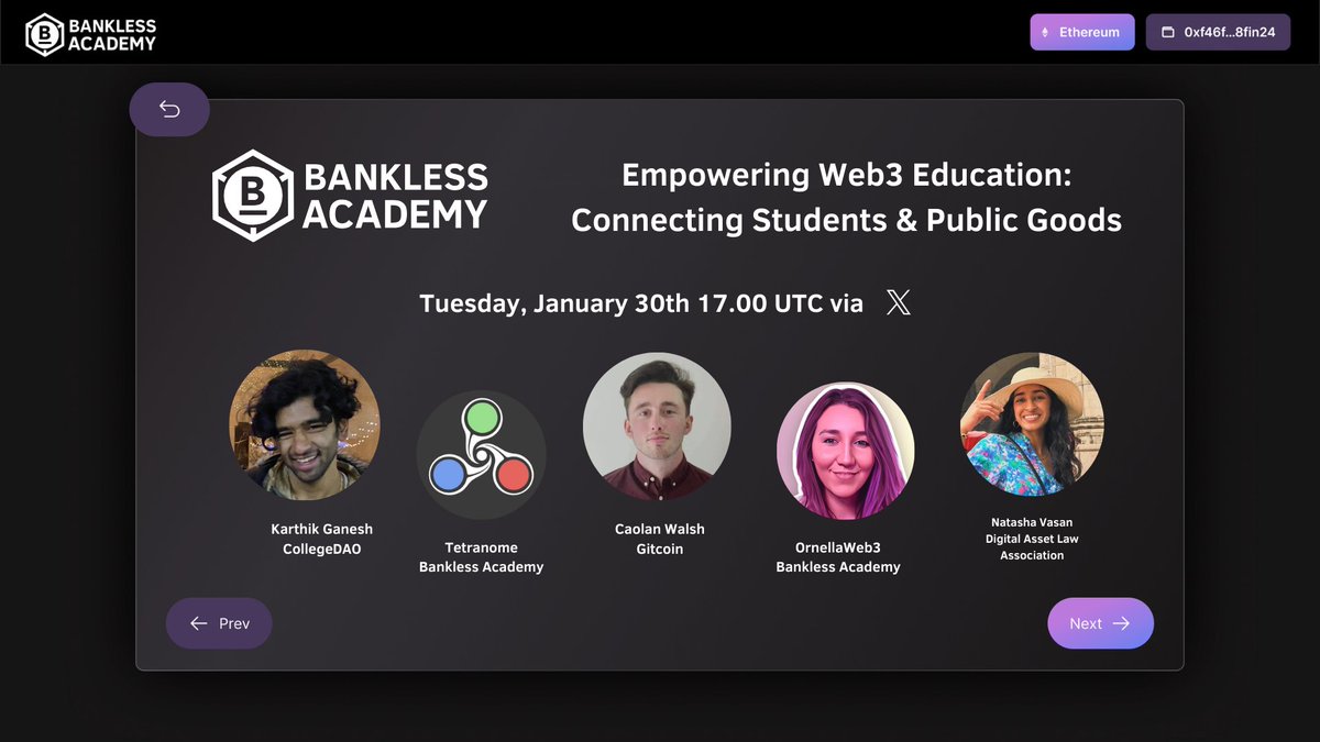 ✨ New Spaces Announcement 🎙️ ✨

<a href="/BanklessAcademy/">BanklessAcademy.eth 🧑‍🚀 🎓</a> x <a href="/collegedao_hub/">College DAO</a> x <a href="/gitcoin/">Gitcoin</a> 🧑‍🚀 🚀

Join us Tue., Jan 30th at 17:00 UTC to discuss impactful web3 education 💥

Guests: <a href="/CaolnBreathnac1/">🇮🇪 Caolán Breathnach</a>, Karthik, <a href="/NatashaVasan/">natasha vasan</a>
Hosts: <a href="/OrnellaWeb3/">OrnΞllaWeb3.eth</a> <a href="/Tetranome/">Tetranome.eth</a>

🔔 x.com/i/spaces/1eaJb…