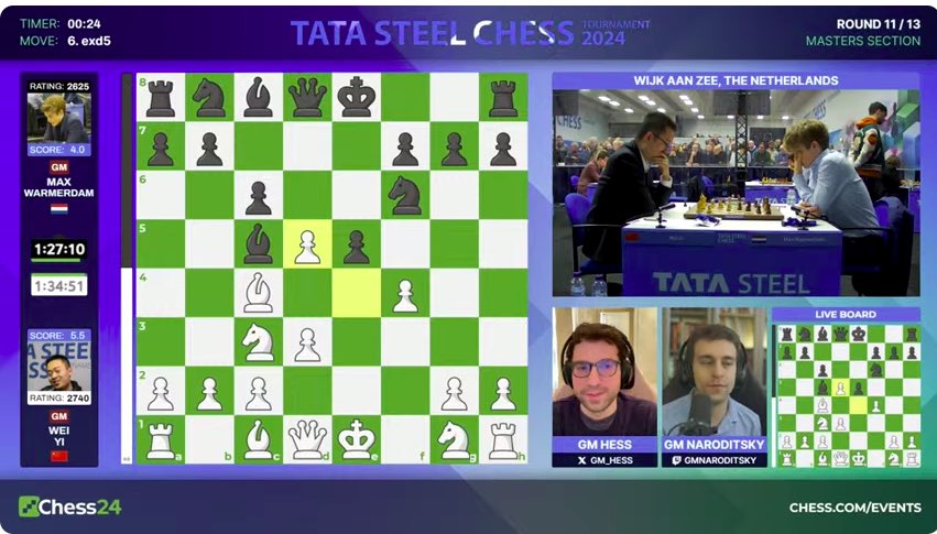 Wei Yi goes for The Bishops Opening❗️ against Max Warmerdam which was quite rare before @TheButcherChess published a @chessable course about it! 🤩 #TataSteelChess #BishopsOpening #chess