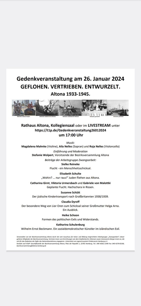 #gedenkveranstaltung #geflohen #vertrieben #entwurzelt #heute #17h #live oder im #livestream youtube.com/live/Hwz-5UCno… #bvaltona #Flucht #NieWiederIstJetzt #WeRemember <a href="/BA_Altona/">Bezirksamt Altona</a> <a href="/GRUeNE_Altona/">GRÜNE Altona</a> <a href="/GedenkstaetteNG/">Neuengamme</a> <a href="/ArchivOttensen/">StadtteilArchiv</a>
