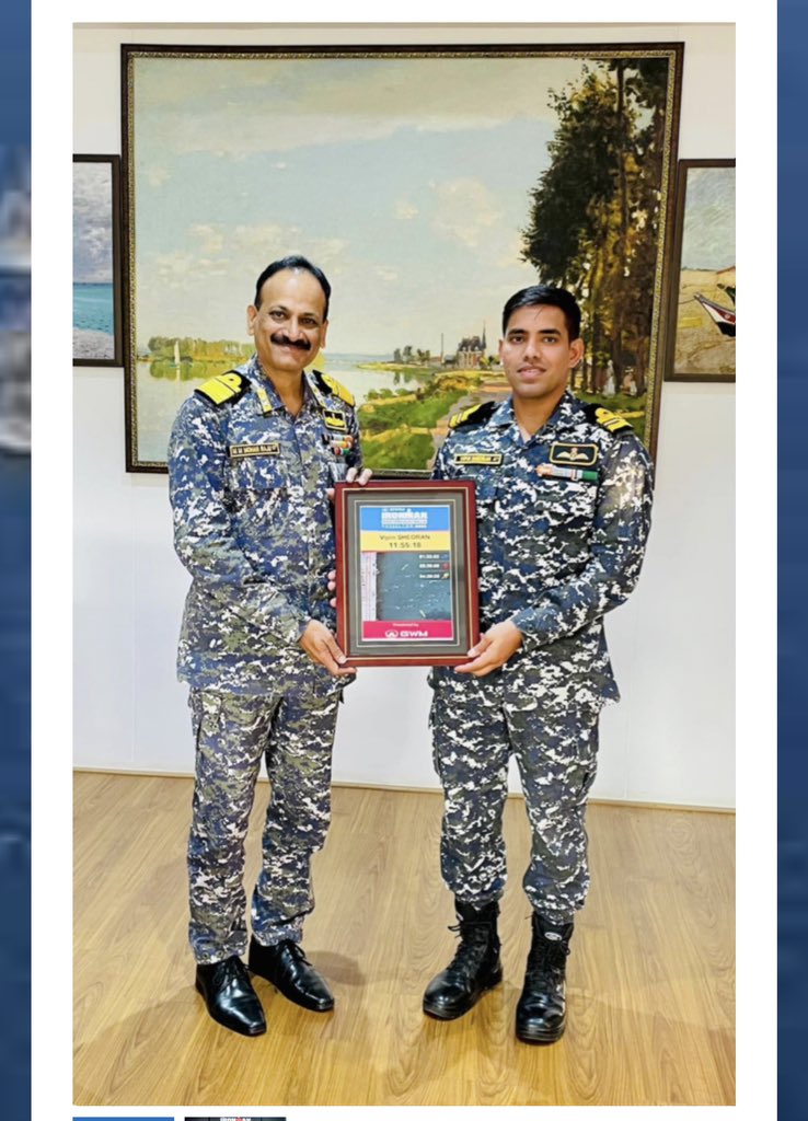 thejatculture's tweet photo. Lieutenant Commander Vipin Sheoran a #NavalPilot from #INSDega was felicitated by Rear Admiral M Murli Mohan Raju, #CSO(P&A) #ENC for completing the world's toughest Triathlon Ironman.(1/3) https://t.co/PI7NLrCK65
