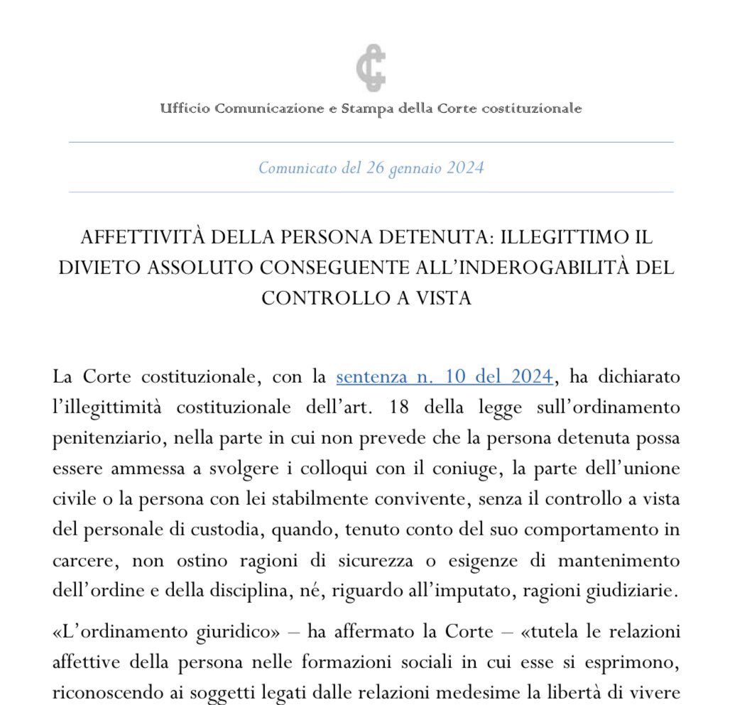 CorteCost's tweet photo. Affettività della persona detenuta: illegittimo il divieto assoluto conseguente all’inderogabilità del controllo a vista.

https://t.co/znnmIz2fSD

#Cortecostituzionale #Comunicato #Sentenza https://t.co/gGscUFCrMT