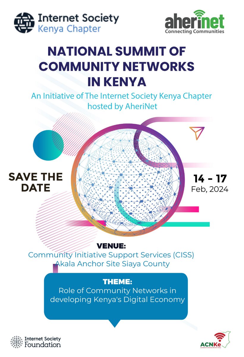 Karibuni Tena! 
<a href="/AheriNet/">aherinet</a>  is hosting 1st Summit on #CommunityNetworks in Kenya, in partnership with <a href="/ISOC_Kenya/">Internet Society, Kenya</a>.  Community Networks will highlight their achievements and impact in underserved areas, Insights into the challenges faced &amp; lessons learned.

forms.gle/dedm4deJ1GzofF…