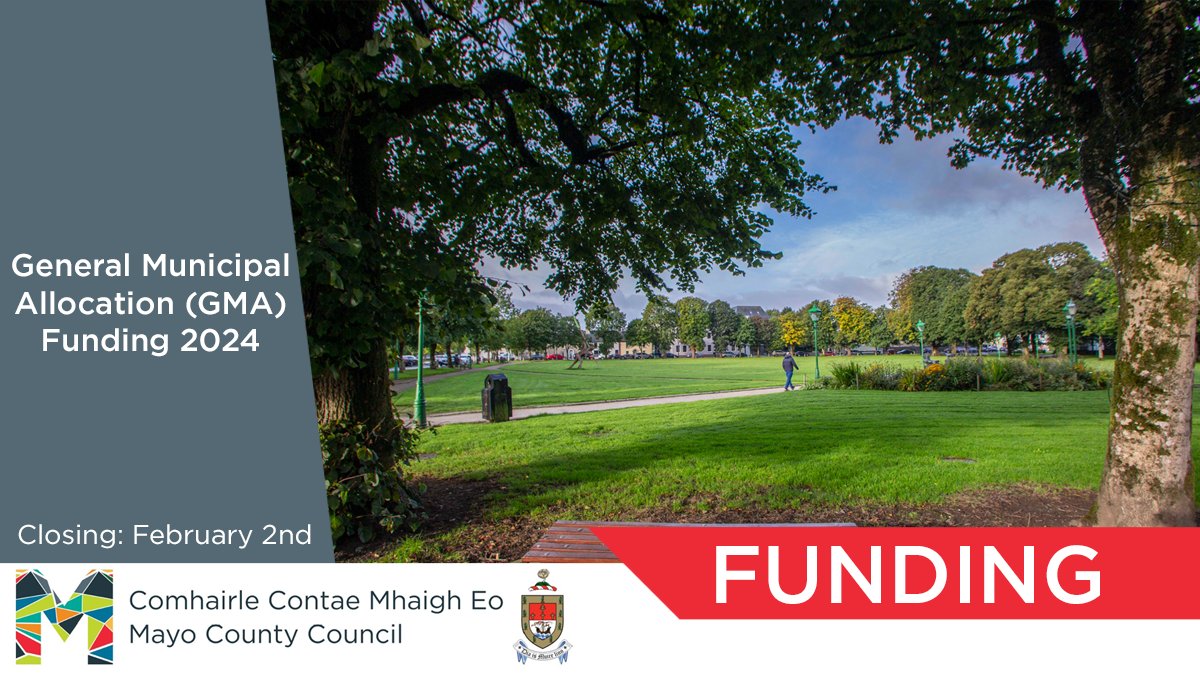 Applications are open for General Municipal Allocation (GMA) funding:

Ballina M.D: mayo.ie/BallinaMD/GMA-…
Castlebar M.D: mayo.ie/CastlebarMD/GM…
Claremorris Swinford M.D: mayo.ie/ClaremorrisSwi…
Westport-Belmullet M.D: mayo.ie/WestportBelmul…

Deadline: February 2nd