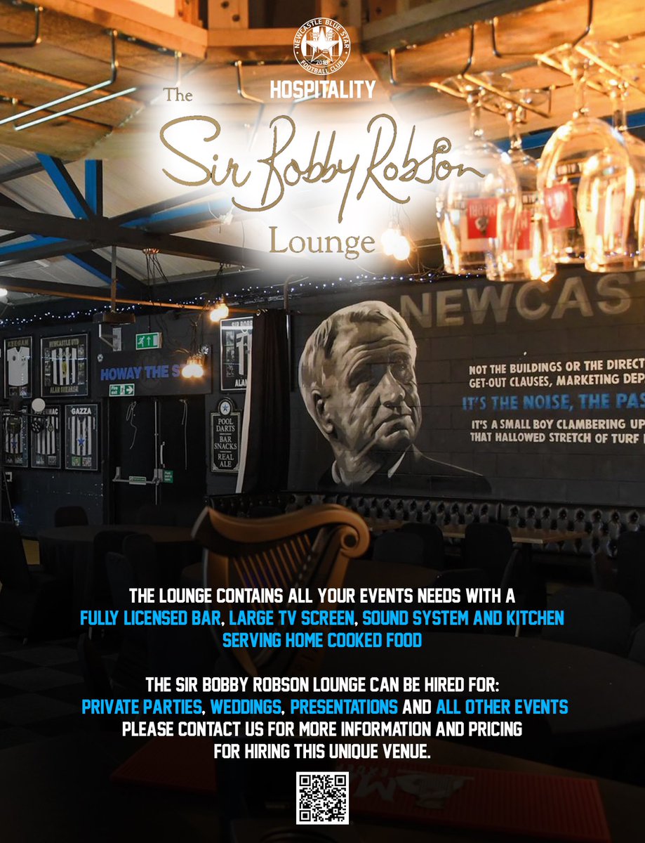 𝙀𝙑𝙀𝙉𝙏𝙎 &amp; 𝙃𝙊𝙎𝙋𝙄𝙏𝘼𝙇𝙄𝙏𝙔 | 🔵⭐️

Looking to host an event/party…❓

The Sir Bobby Robson lounge is the perfect place to celebrate amongst friends and family 🎉🎈 

If interested, please scan the QR code or follow the link below 📱⬇️
nbsfc2018.co.uk/sir-bobby-robs…