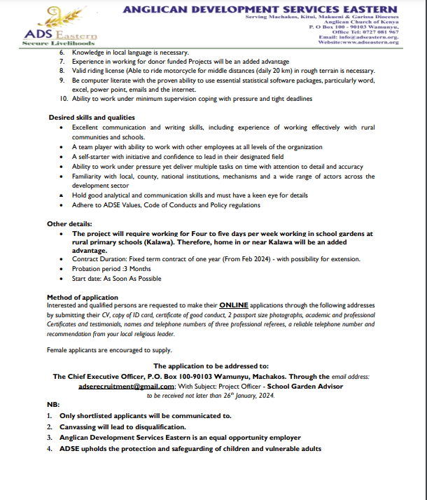 adseastern1's tweet photo. ADSE in partnership with Wasser Fuer Kenia (Water for Kenya)-Germany seeks to recruit a Project Officer – School Garden Advisor  in Kalawa ward, Makueni County in lower eastern part of Kenya. https://t.co/UozFRnRccr
