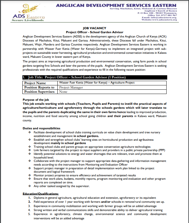 adseastern1's tweet photo. ADSE in partnership with Wasser Fuer Kenia (Water for Kenya)-Germany seeks to recruit a Project Officer – School Garden Advisor  in Kalawa ward, Makueni County in lower eastern part of Kenya. https://t.co/UozFRnRccr