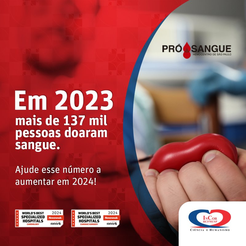 InCor HCFMUSP (@incorhcfmusp) on Twitter photo Em 2023, mais de 137 mil pessoas doaram sangue, ajudando a levar esperança para milhares de pacientes. Neste ano, contamos com você.
Agende sua doação pelo site da <a href="/pro_sangue/">Fundação Pró-Sangue Hemocentro de São Paulo</a> (prosangue.hubglobe.com). É rápido e fácil.
#InCor #HCFMUSP #FZ #DoeSangue #SomosInCor Em 2023, mais de 137 mil pessoas doaram sangue, ajudando a levar esperança para milhares de pacientes. Neste ano, contamos com você.
Agende sua doação pelo site da <a href="/pro_sangue/">Fundação Pró-Sangue Hemocentro de São Paulo</a> (prosangue.hubglobe.com). É rápido e fácil.
#InCor #HCFMUSP #FZ #DoeSangue #SomosInCor