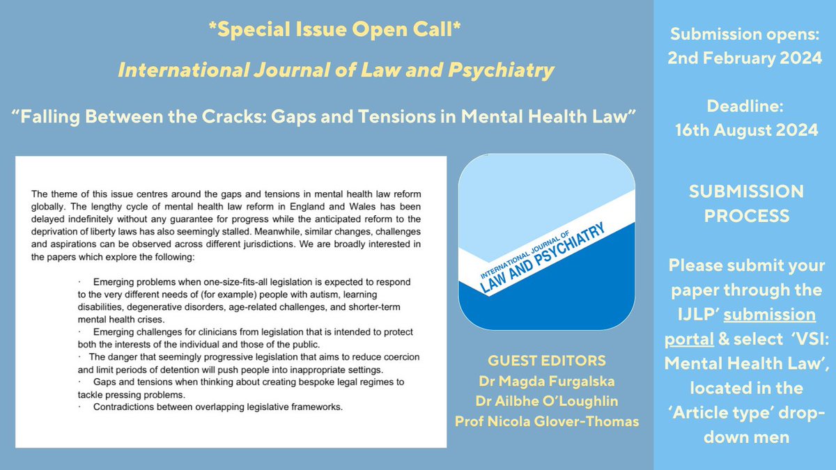 MagdaFurgalska's tweet photo. OPEN CALL for Special Issue on Mental Health Law Reforms 
Please see details ⬇️
*All submissions are subject to the established IJLP peer-review processes.*
Guest editors include myself, @NGT223 &amp; @ailbheol https://t.co/cBLmp5ct9E